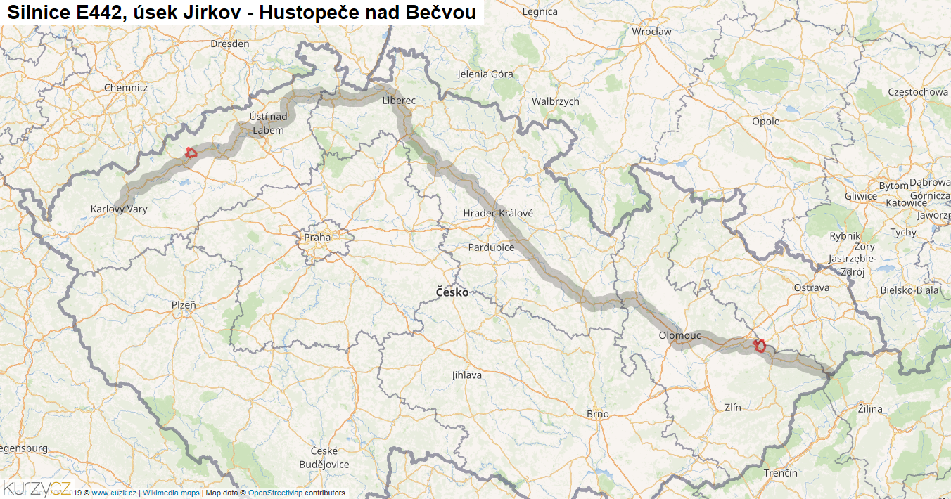 Úsek Jirkov - Hustopeče nad Bečvou, Silnice E442 - Mapa