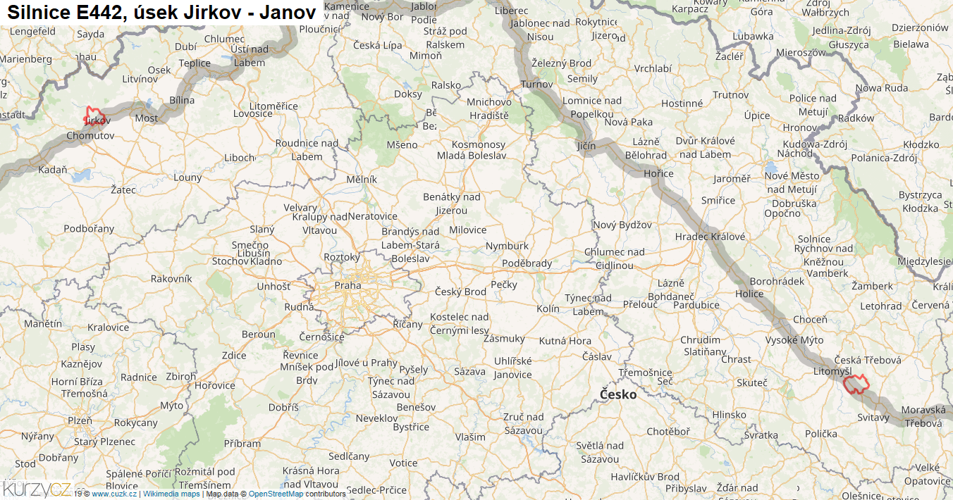 Úsek Jirkov - Janov, Silnice E442 - Mapa