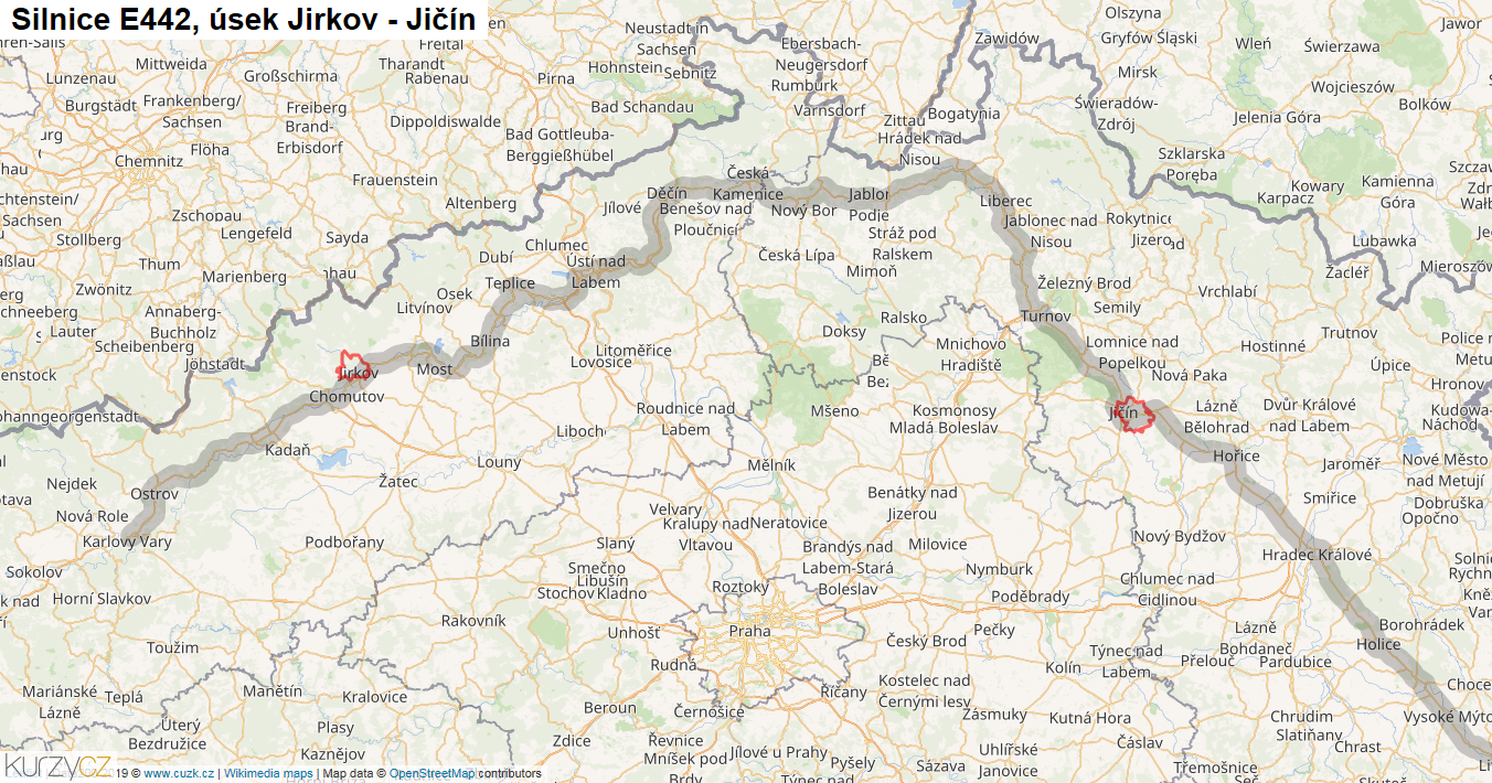 Úsek Jirkov - Jičín, Silnice E442 - Mapa