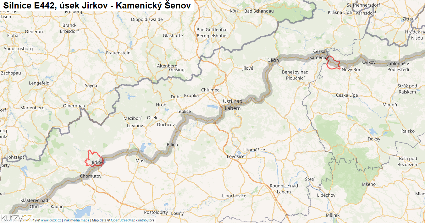 Úsek Jirkov - Kamenický Šenov, Silnice E442 - Mapa