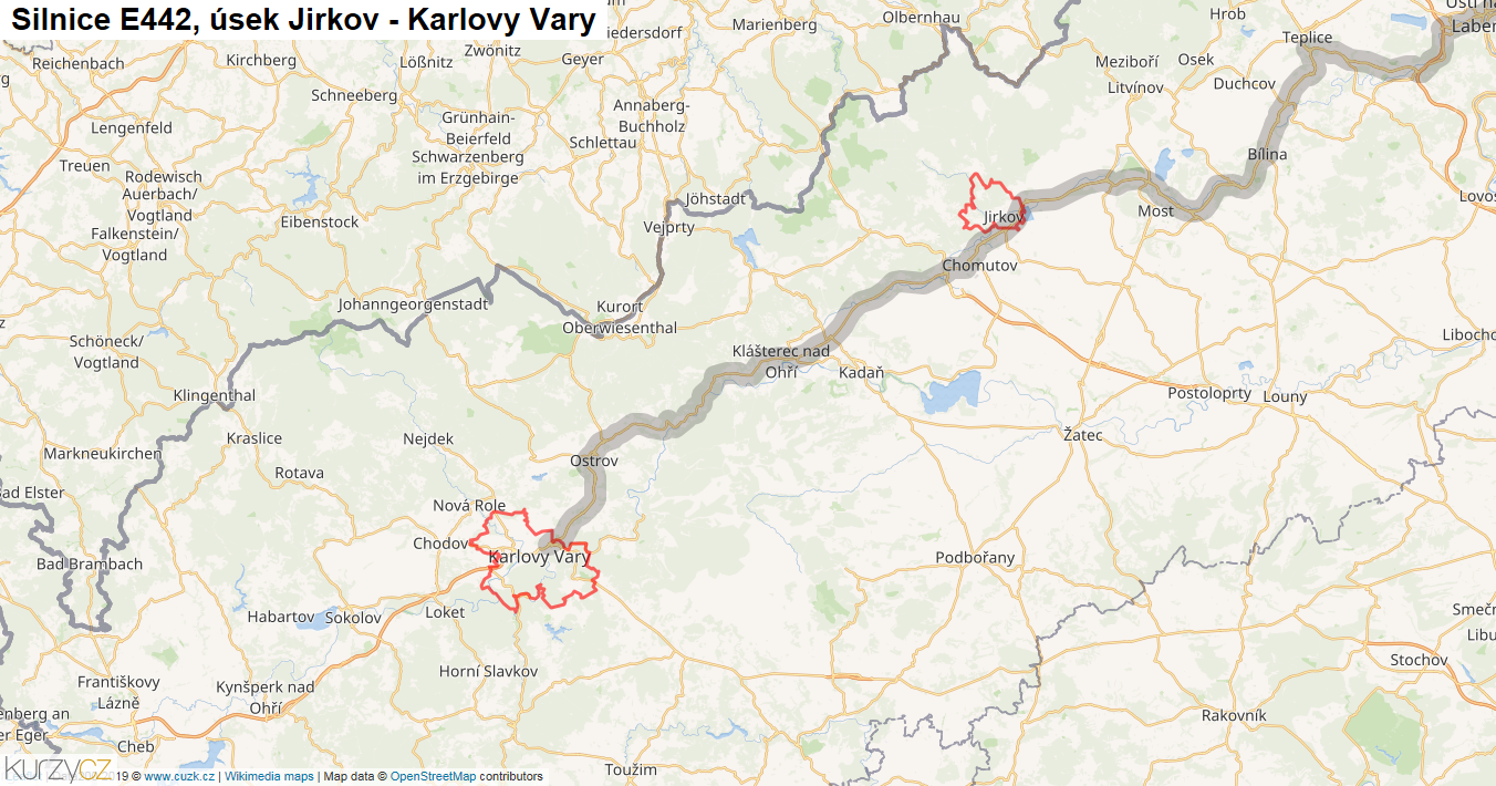 Úsek Jirkov - Karlovy Vary, Silnice E442 - Mapa