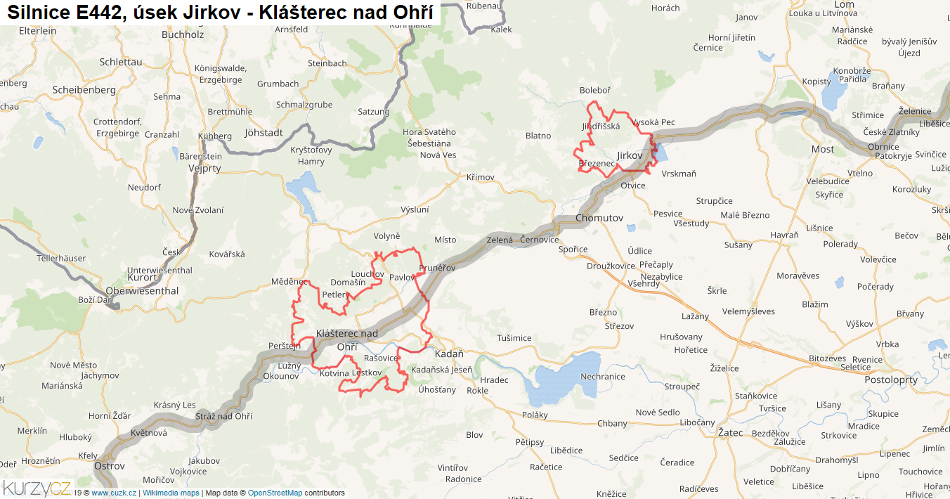 Úsek Jirkov - Klášterec nad Ohří, Silnice E442 - Mapa