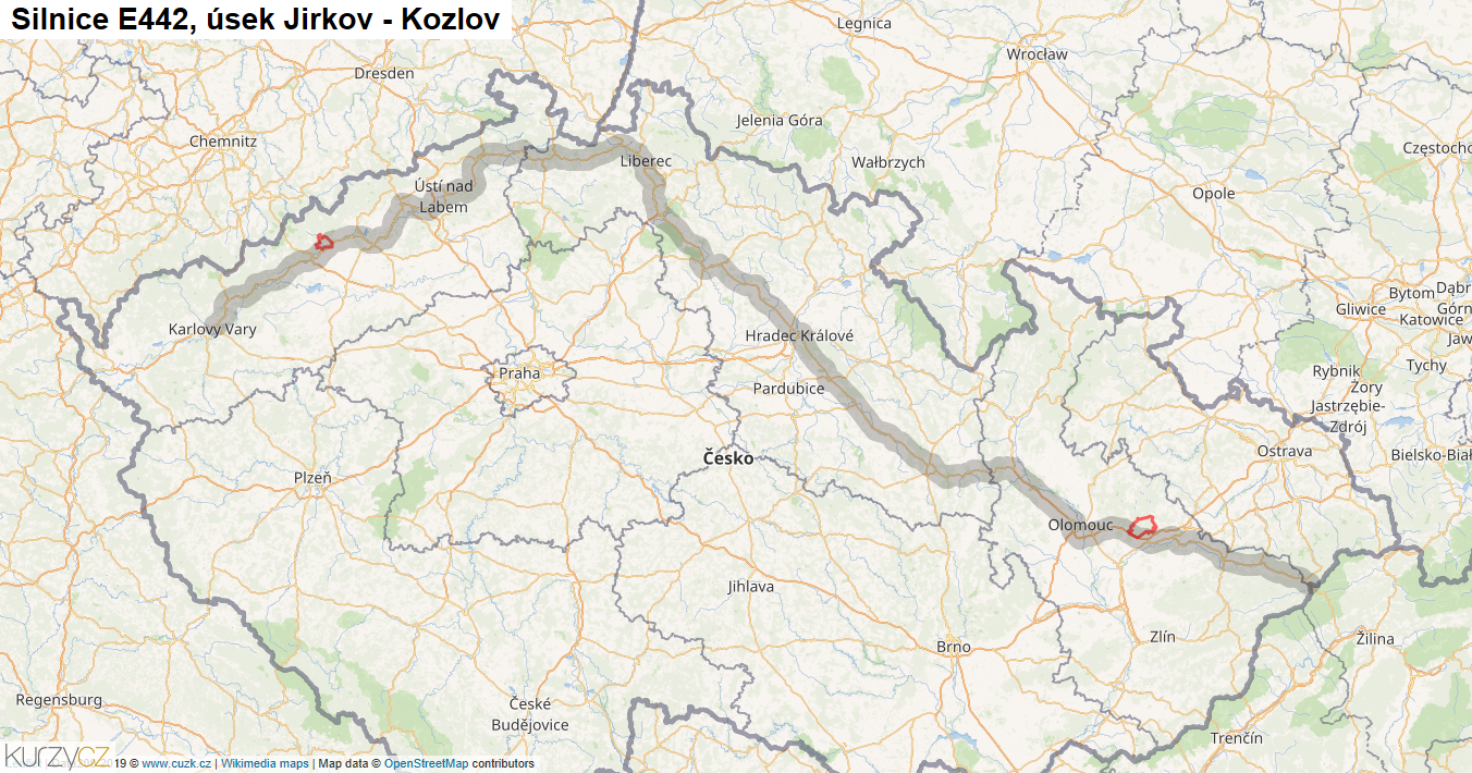 Úsek Jirkov - Kozlov, Silnice E442 - Mapa