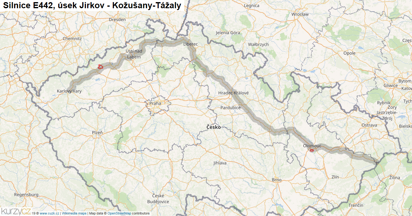 Úsek Jirkov - Kožušany-Tážaly, Silnice E442 - Mapa