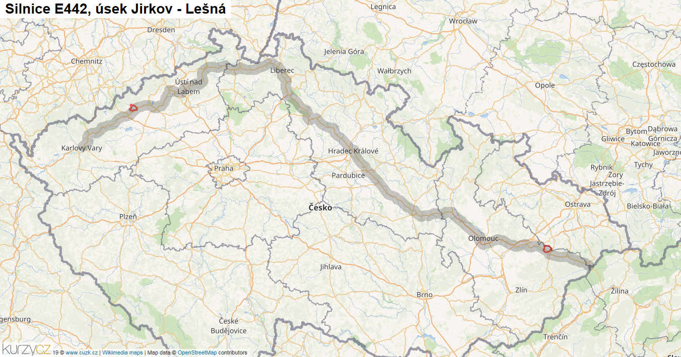 Úsek Jirkov - Lešná, Silnice E442 - Mapa