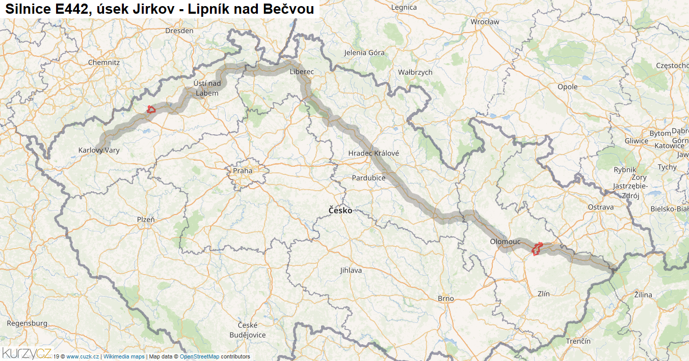 Úsek Jirkov - Lipník nad Bečvou, Silnice E442 - Mapa