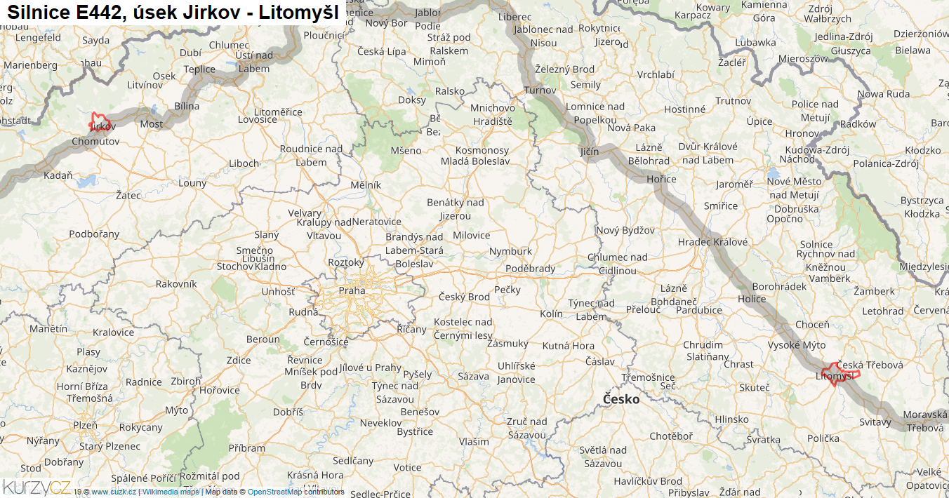 Úsek Jirkov - Litomyšl, Silnice E442 - Mapa