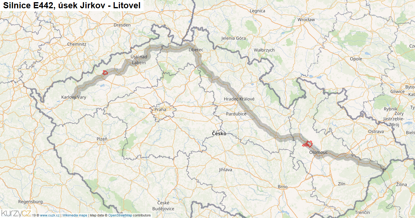 Úsek Jirkov - Litovel, Silnice E442 - Mapa