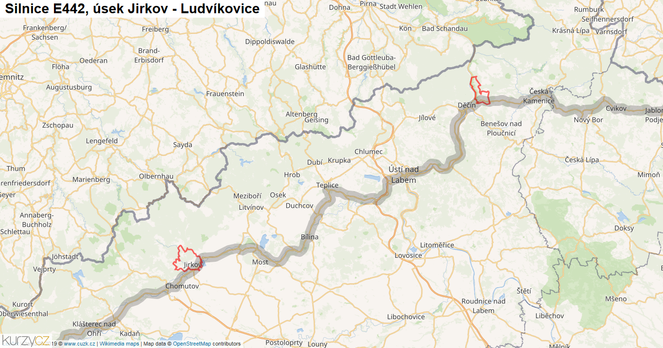 Úsek Jirkov - Ludvíkovice, Silnice E442 - Mapa