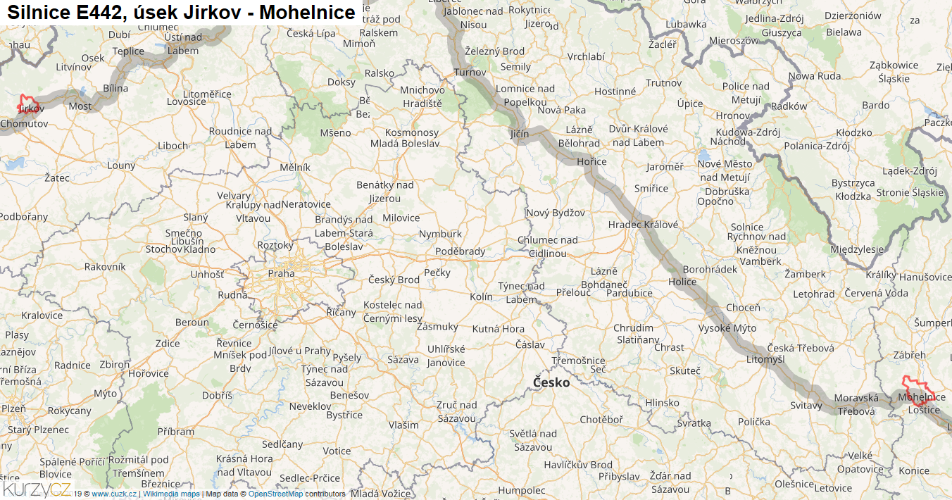 Úsek Jirkov - Mohelnice, Silnice E442 - Mapa