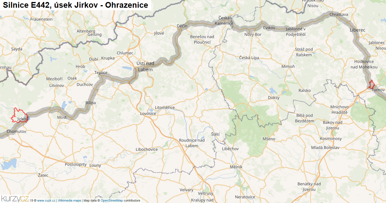 Úsek Jirkov - Ohrazenice, Silnice E442 - Mapa