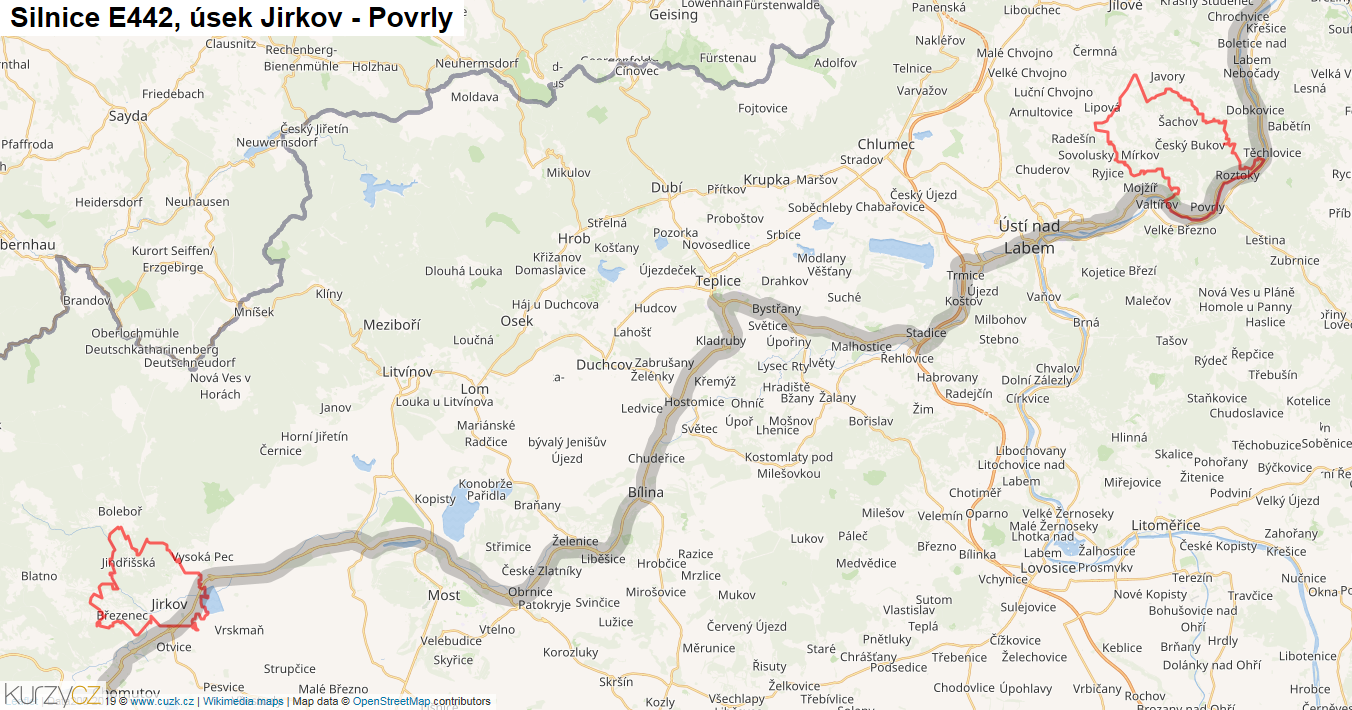 Úsek Jirkov - Povrly, Silnice E442 - Mapa