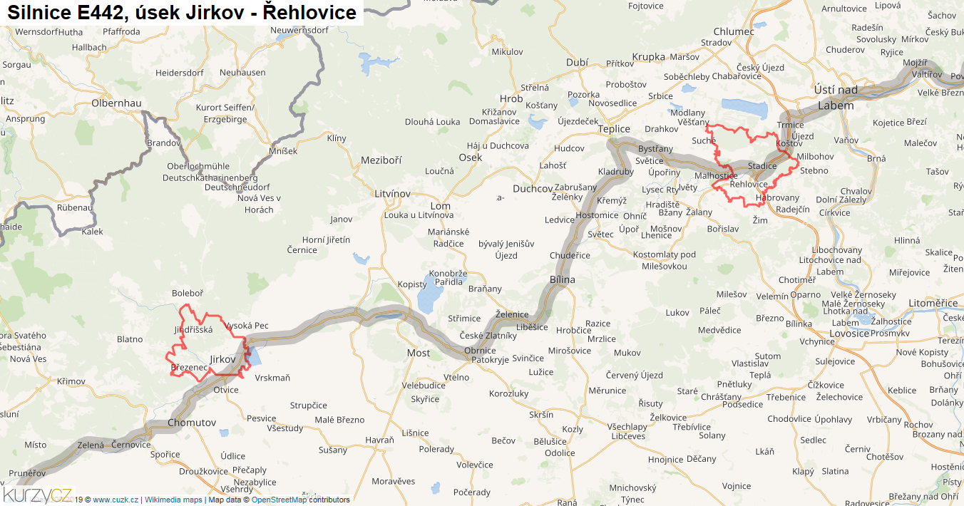 Úsek Jirkov - Řehlovice, Silnice E442 - Mapa