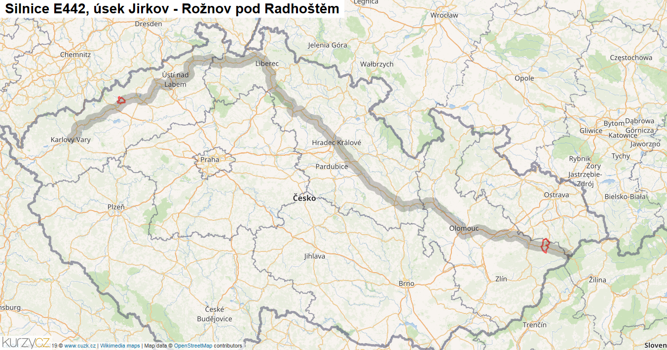 Úsek Jirkov - Rožnov pod Radhoštěm, Silnice E442 - Mapa