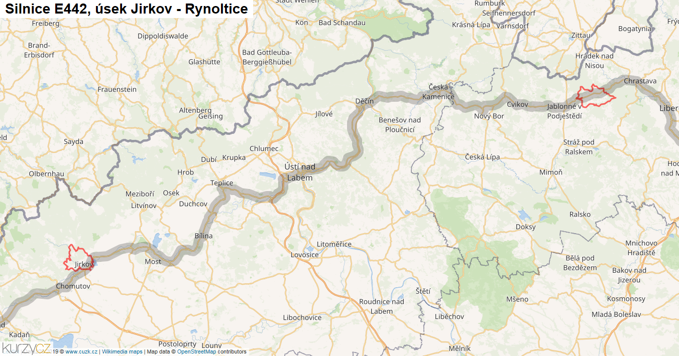 Úsek Jirkov - Rynoltice, Silnice E442 - Mapa