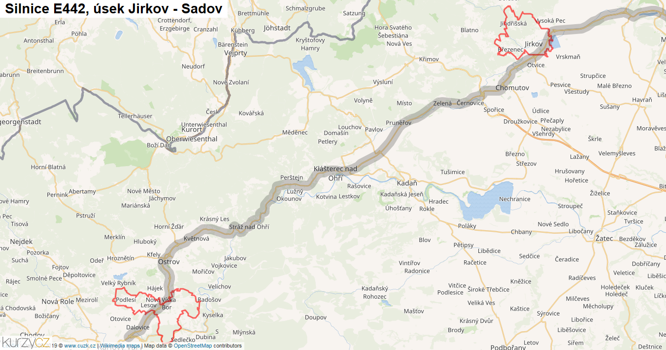 Úsek Jirkov - Sadov, Silnice E442 - Mapa
