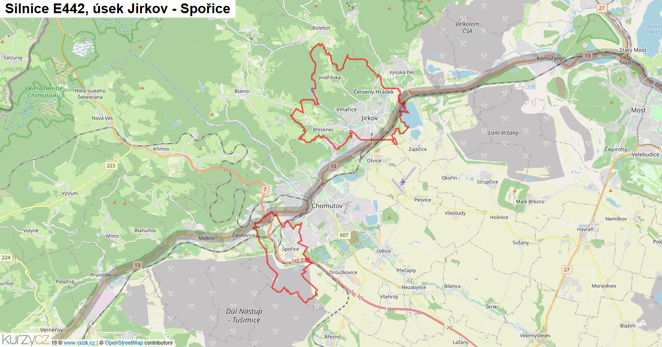 Úsek Jirkov - Spořice, Silnice E442 - Mapa