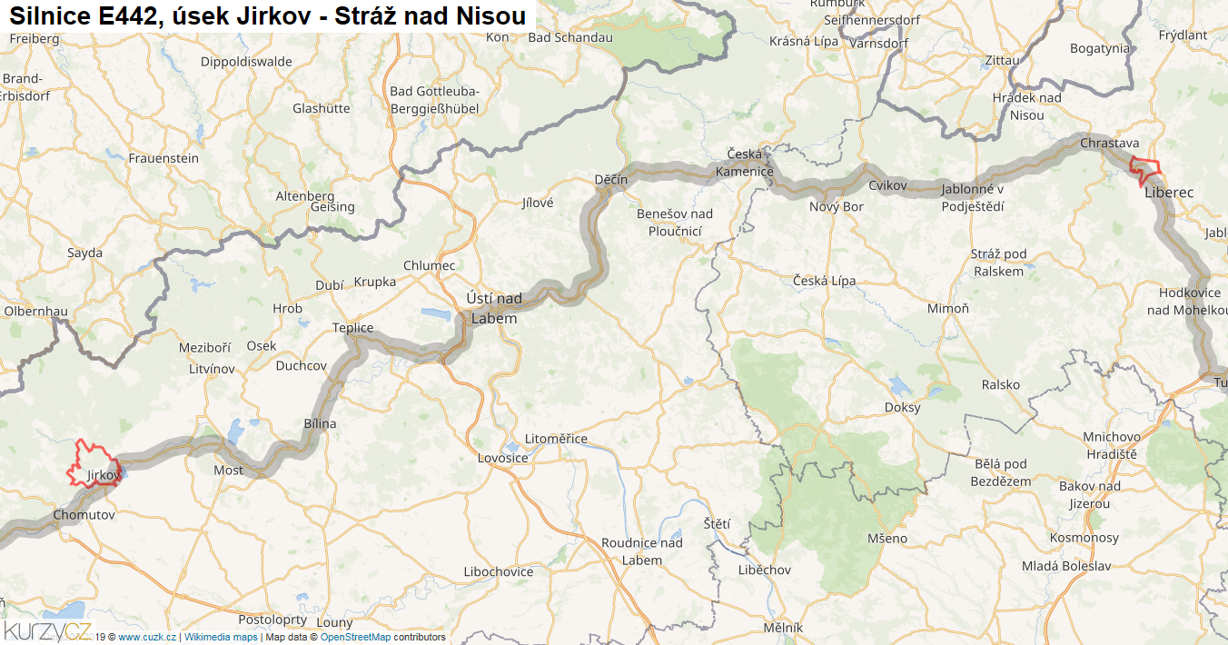 Úsek Jirkov - Stráž nad Nisou, Silnice E442 - Mapa