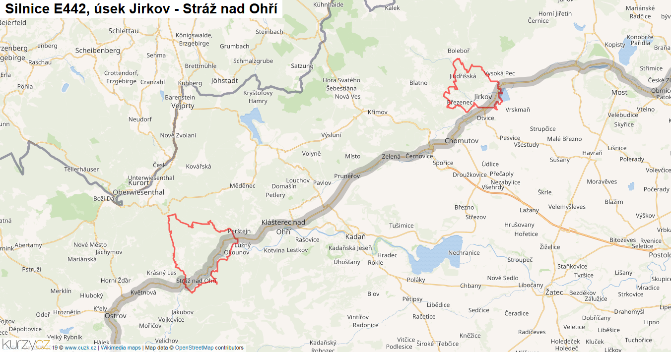 Úsek Jirkov - Stráž nad Ohří, Silnice E442 - Mapa
