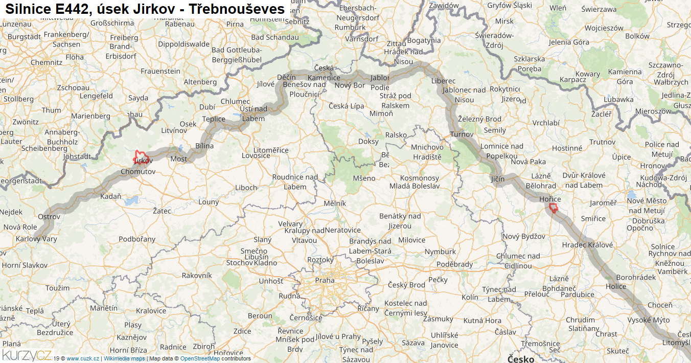 Úsek Jirkov - Třebnouševes, Silnice E442 - Mapa