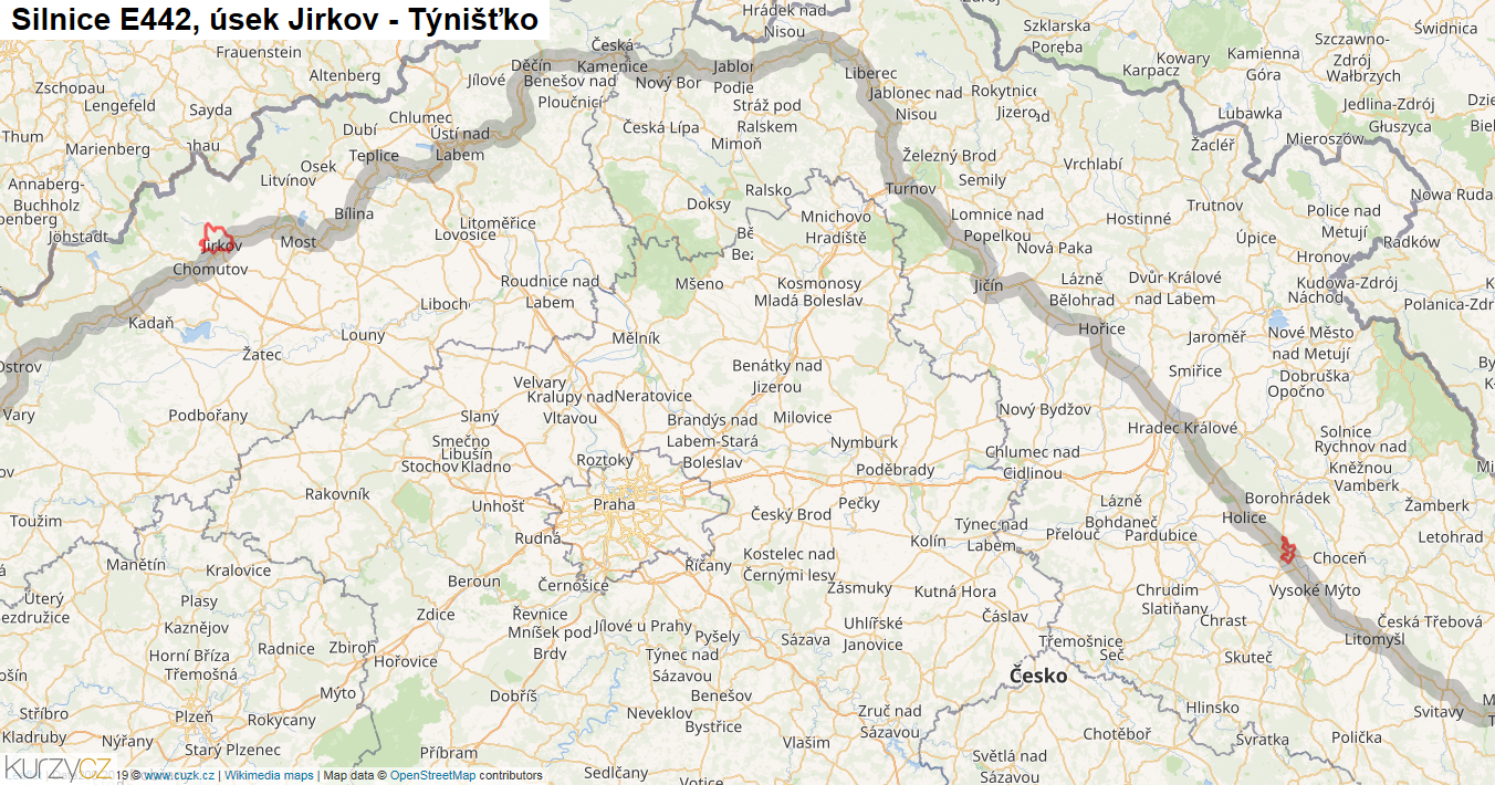 Úsek Jirkov - Týnišťko, Silnice E442 - Mapa