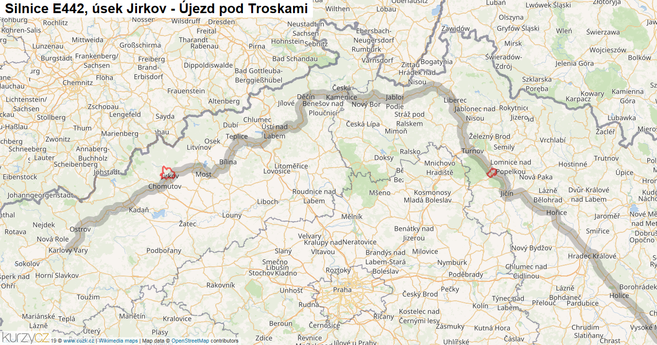 Úsek Jirkov - Újezd pod Troskami, Silnice E442 - Mapa