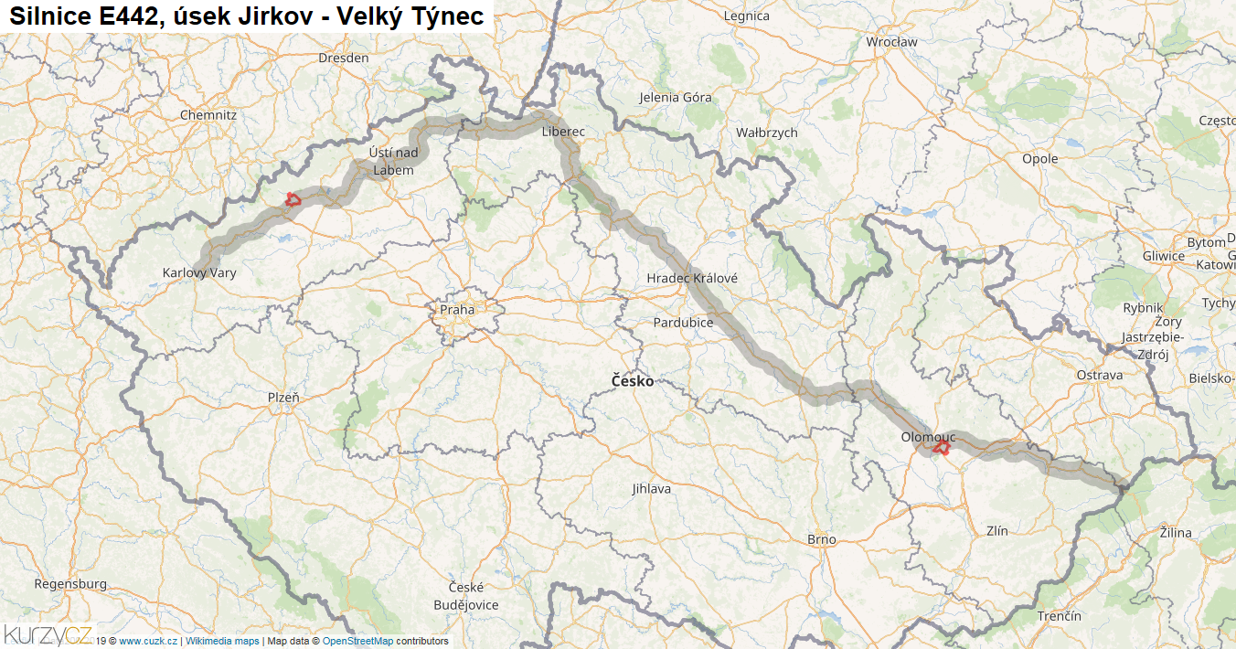 Úsek Jirkov - Velký Týnec, Silnice E442 - Mapa