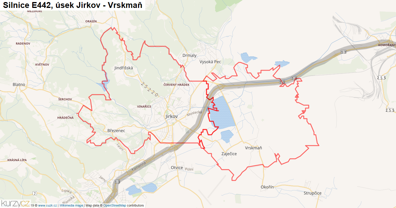 Úsek Jirkov - Vrskmaň, Silnice E442 - Mapa