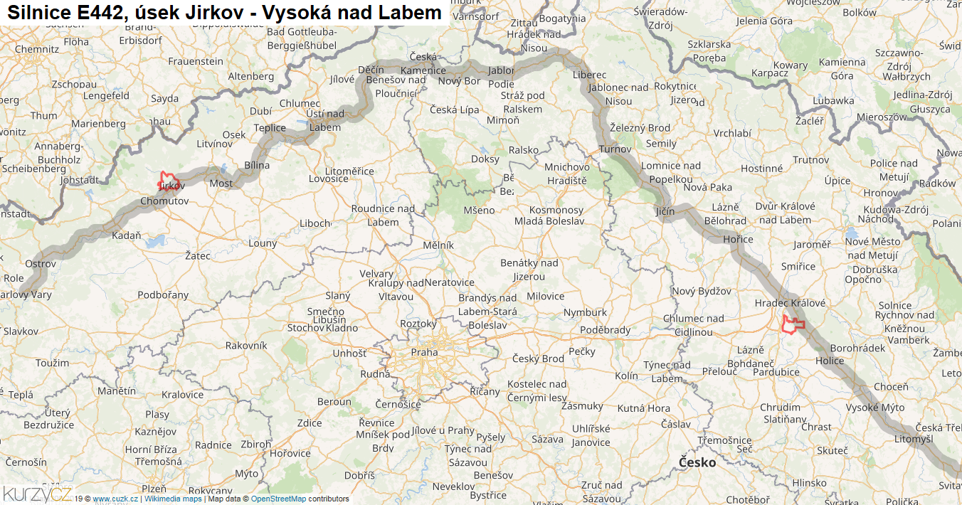 Úsek Jirkov - Vysoká nad Labem, Silnice E442 - Mapa
