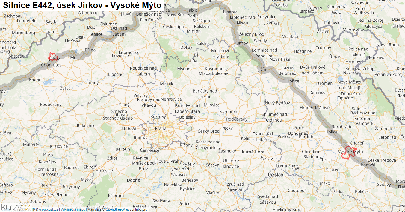 Úsek Jirkov - Vysoké Mýto, Silnice E442 - Mapa