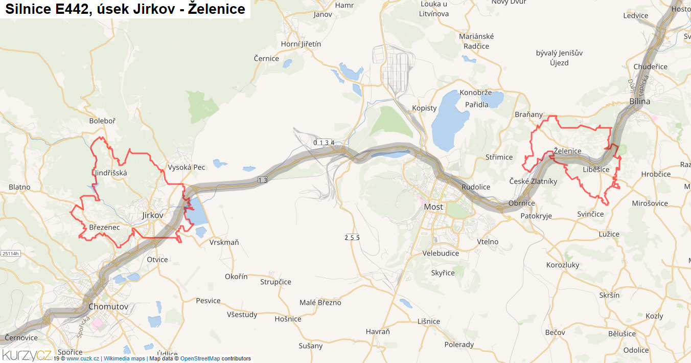 Úsek Jirkov - Želenice, Silnice E442 - Mapa