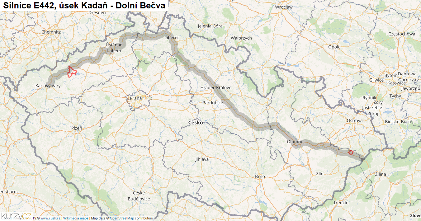 Úsek Kadaň - Dolní Bečva, Silnice E442 - Mapa
