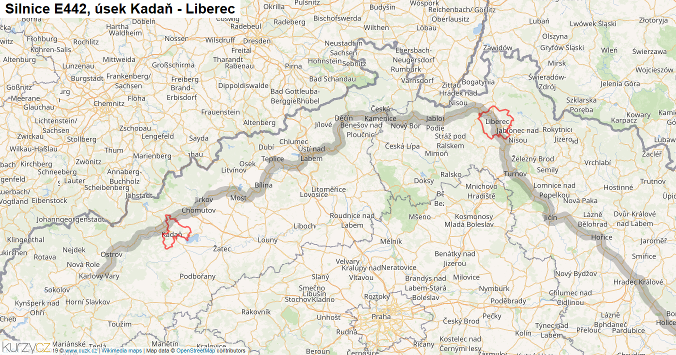 Úsek Kadaň - Liberec, Silnice E442 - Mapa