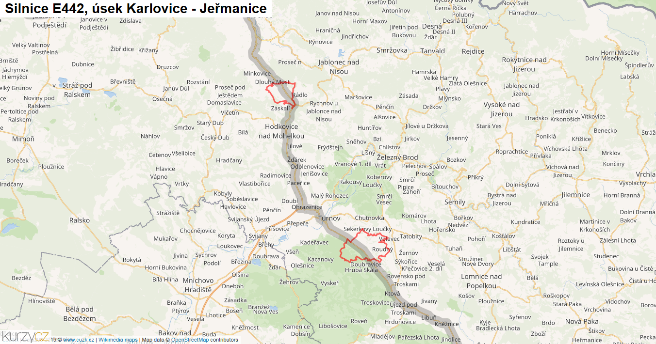 Úsek Karlovice - Jeřmanice, Silnice E442 - Mapa
