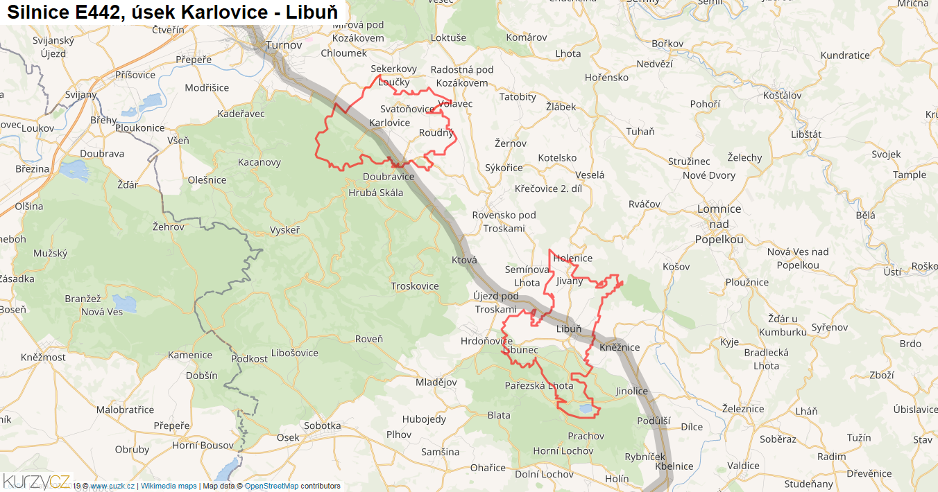 Úsek Karlovice - Libuň, Silnice E442 - Mapa