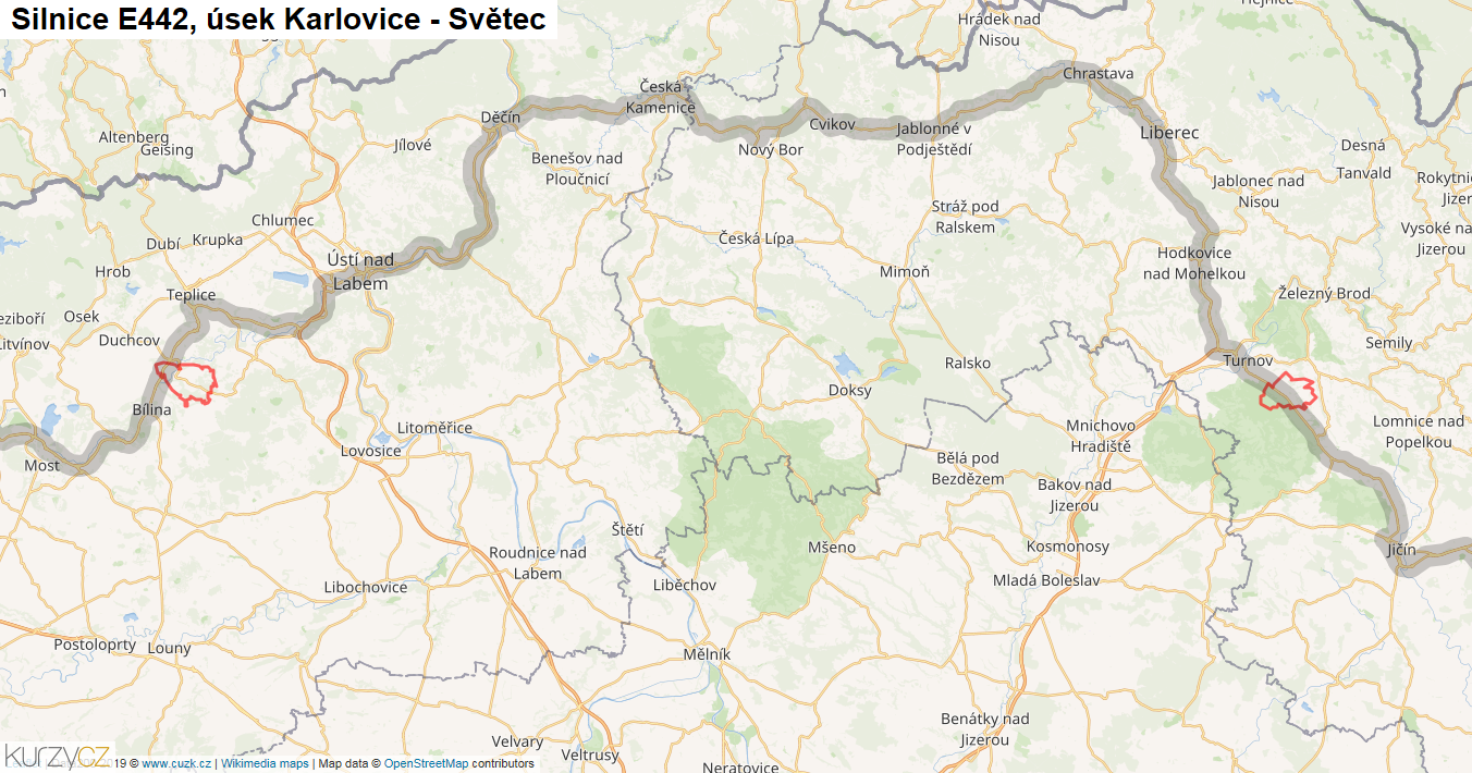 Úsek Karlovice - Světec, Silnice E442 - Mapa