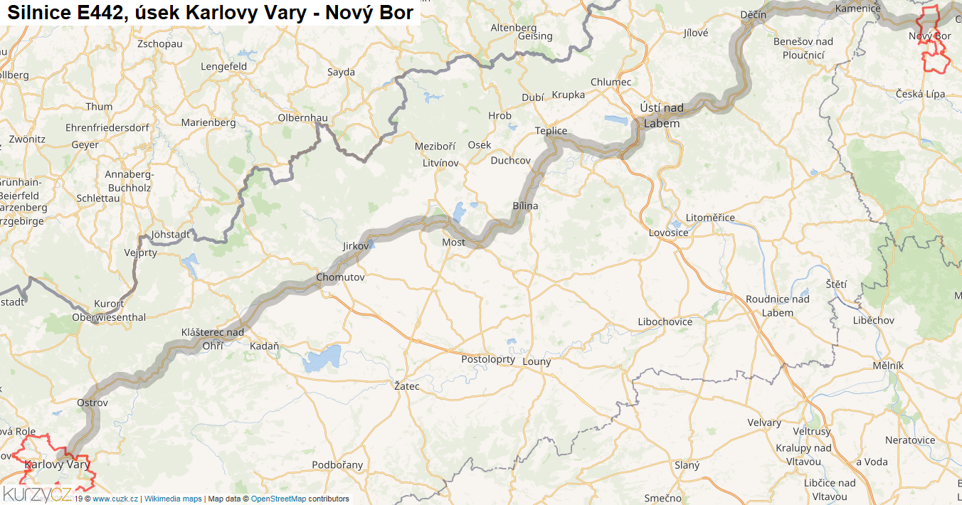 Úsek Karlovy Vary - Nový Bor, Silnice E442 - Mapa