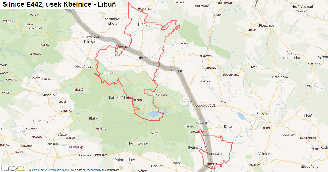 Úsek Kbelnice - Libuň, Silnice E442 - Mapa