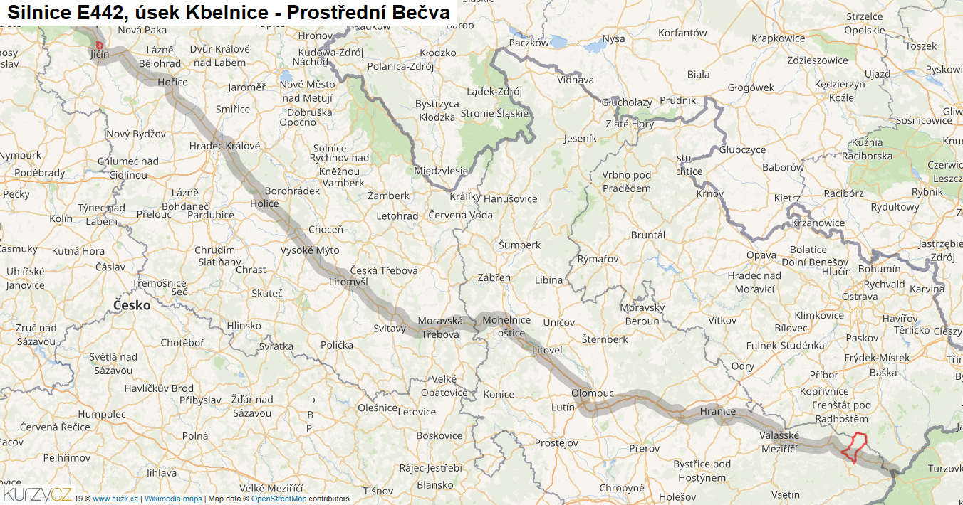 Úsek Kbelnice - Prostřední Bečva, Silnice E442 - Mapa