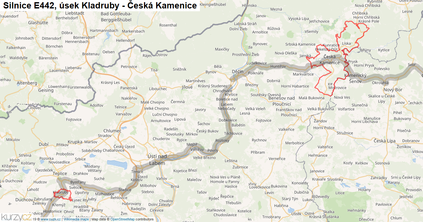 Úsek Kladruby - Česká Kamenice, Silnice E442 - Mapa