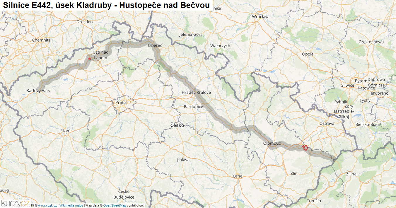 Úsek Kladruby - Hustopeče nad Bečvou, Silnice E442 - Mapa
