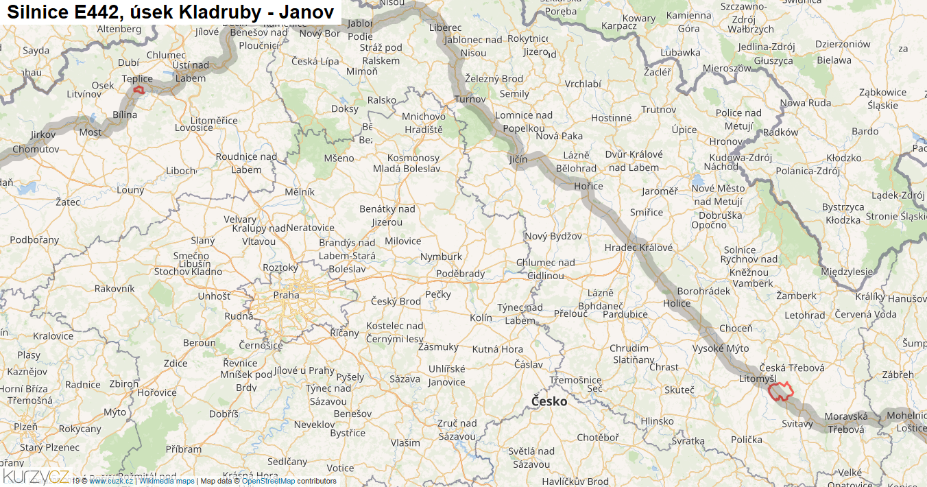 Úsek Kladruby - Janov, Silnice E442 - Mapa