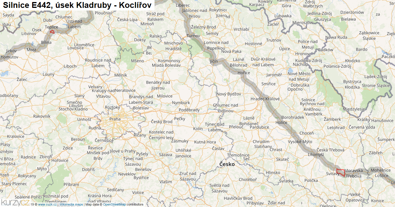 Úsek Kladruby - Koclířov, Silnice E442 - Mapa