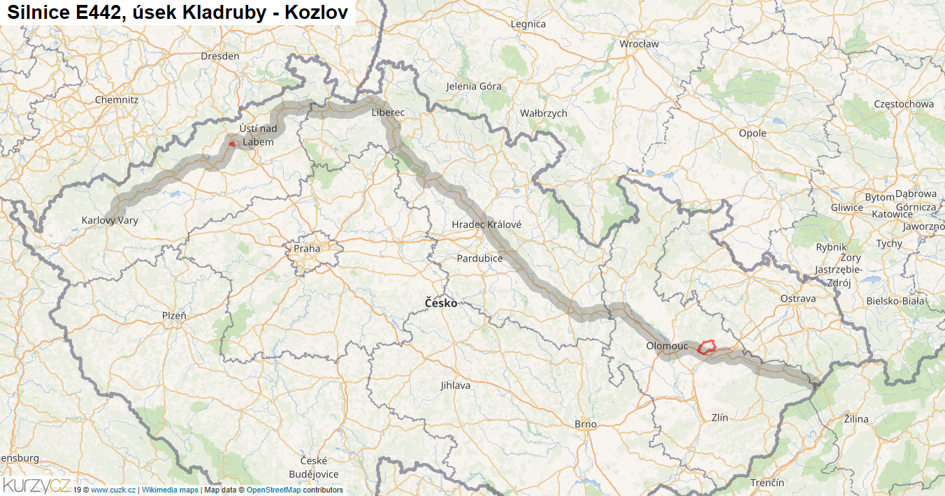 Úsek Kladruby - Kozlov, Silnice E442 - Mapa