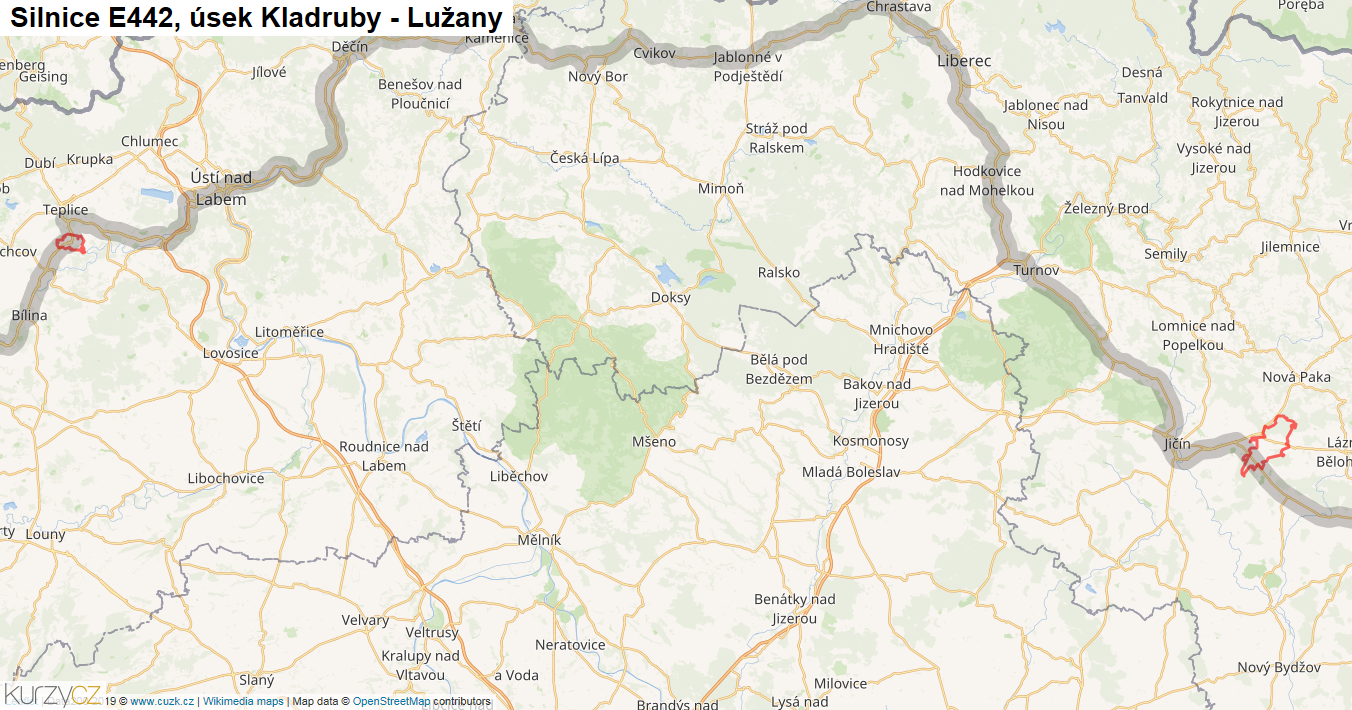 Úsek Kladruby - Lužany, Silnice E442 - Mapa