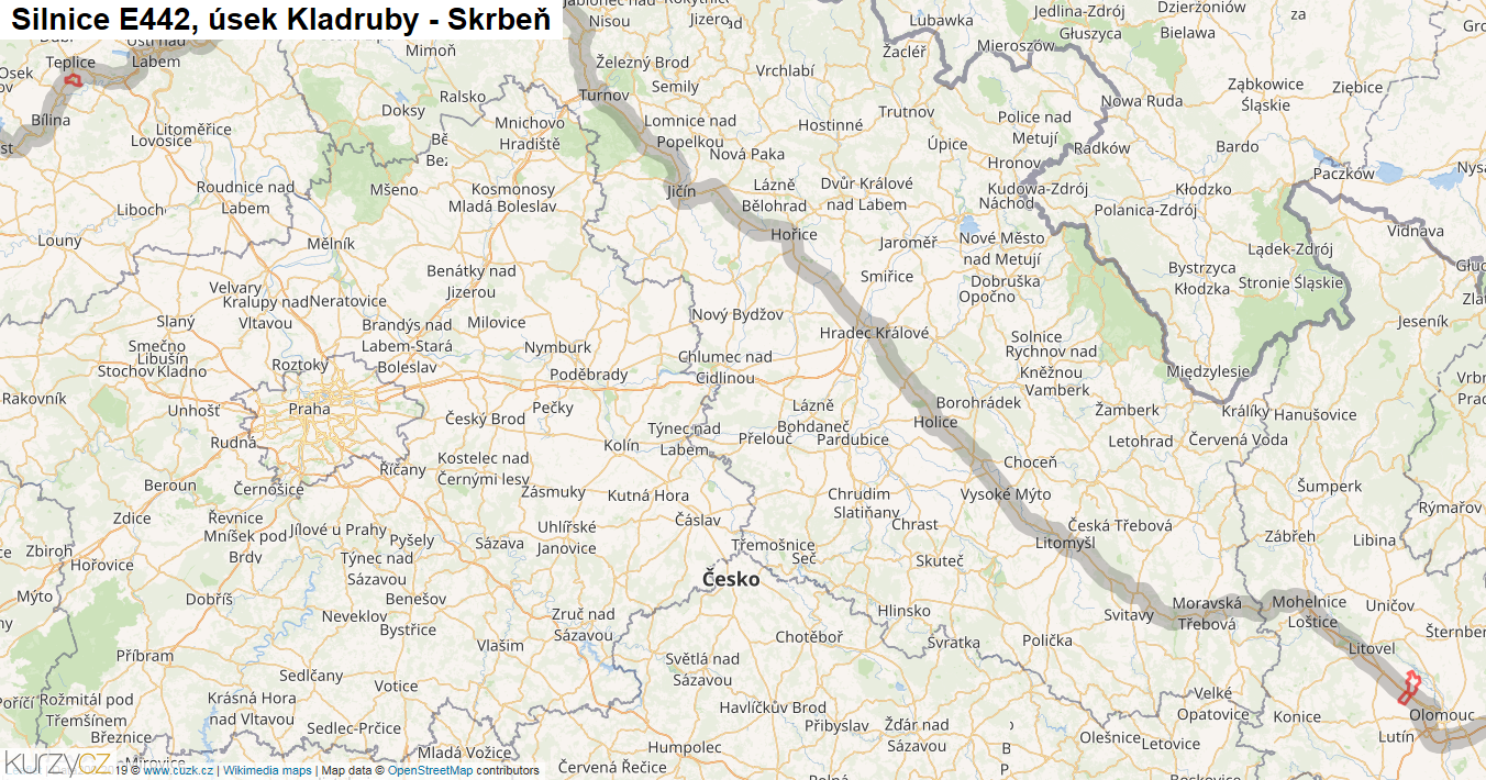 Úsek Kladruby - Skrbeň, Silnice E442 - Mapa