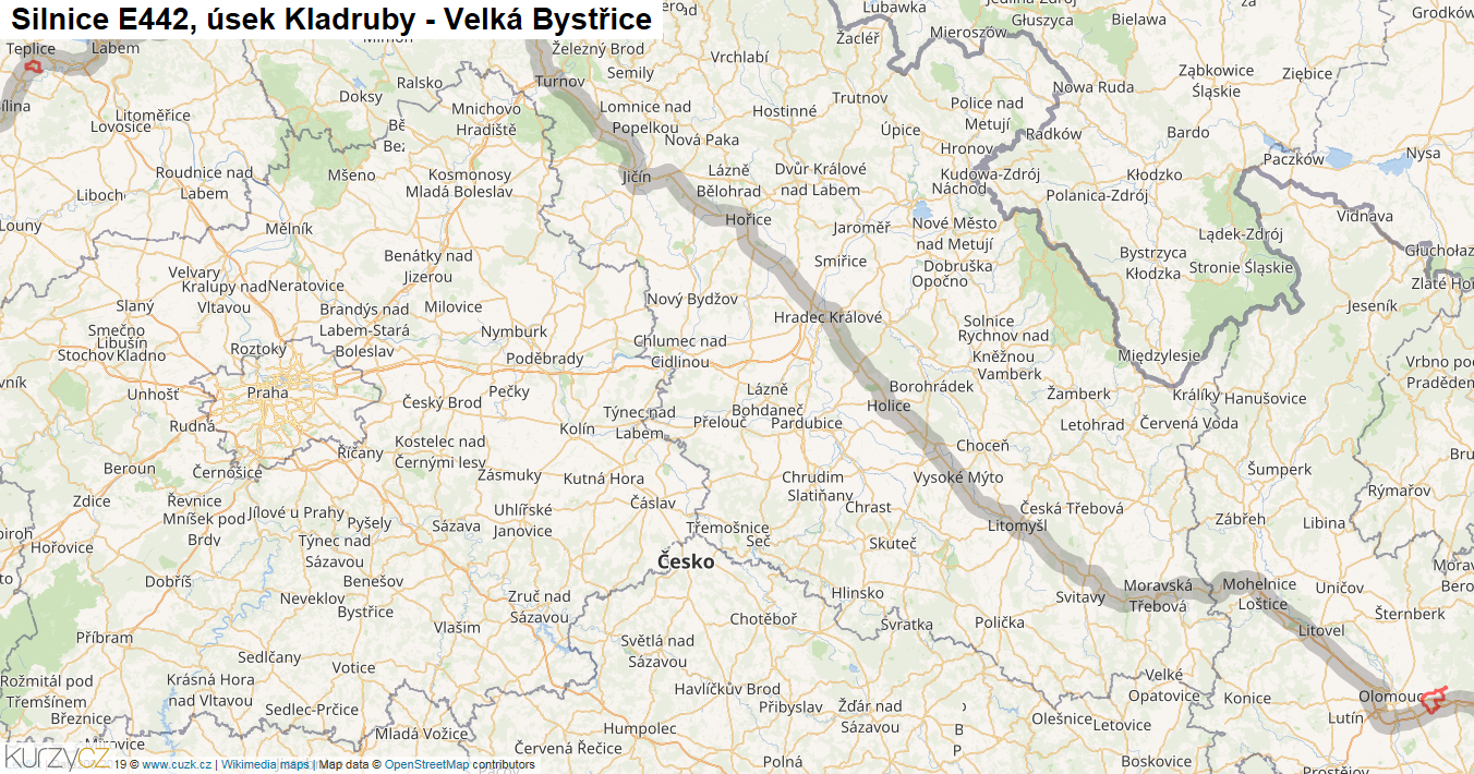Úsek Kladruby - Velká Bystřice, Silnice E442 - Mapa