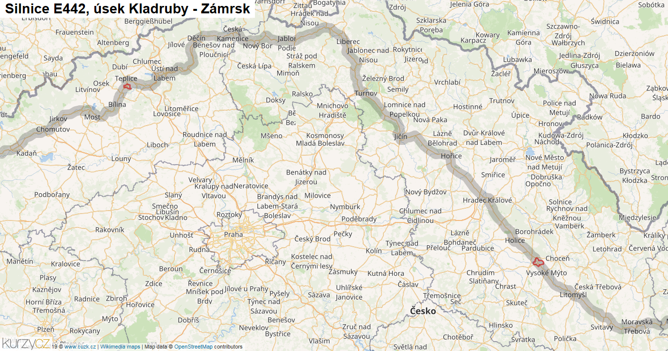Úsek Kladruby - Zámrsk, Silnice E442 - Mapa