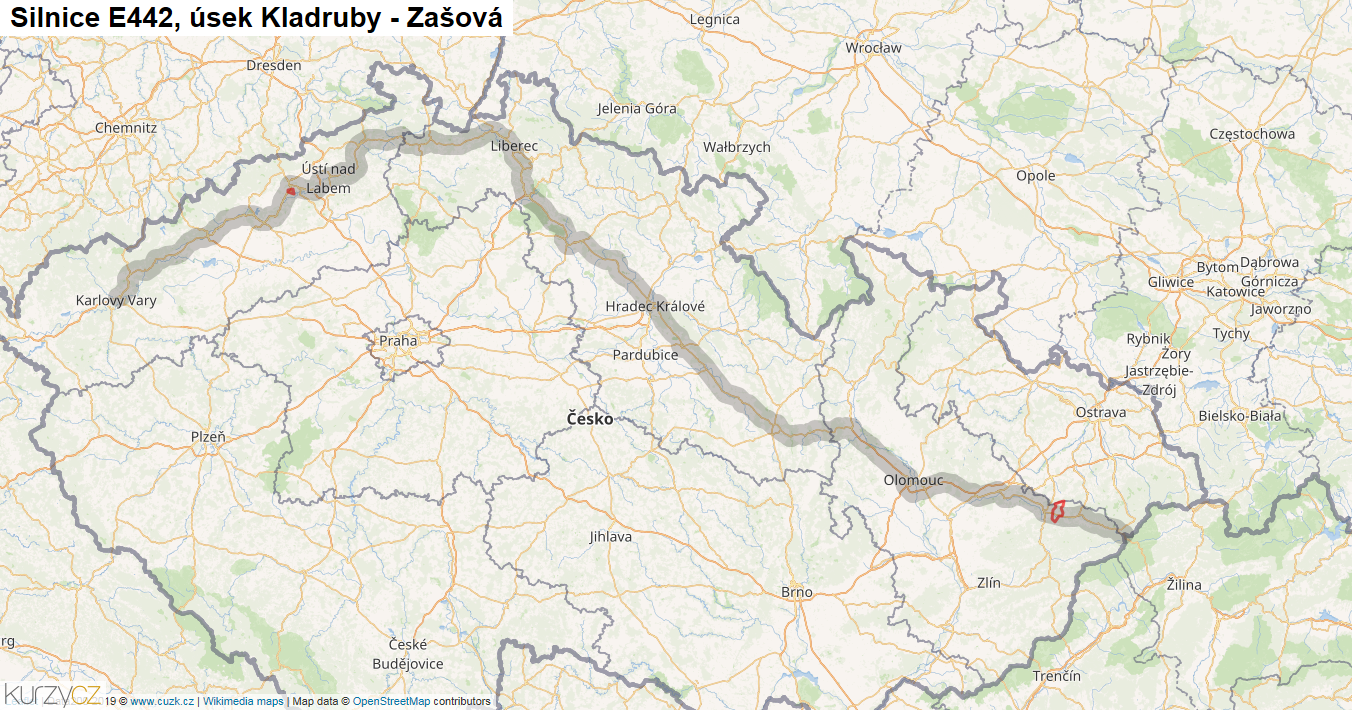 Úsek Kladruby - Zašová, Silnice E442 - Mapa