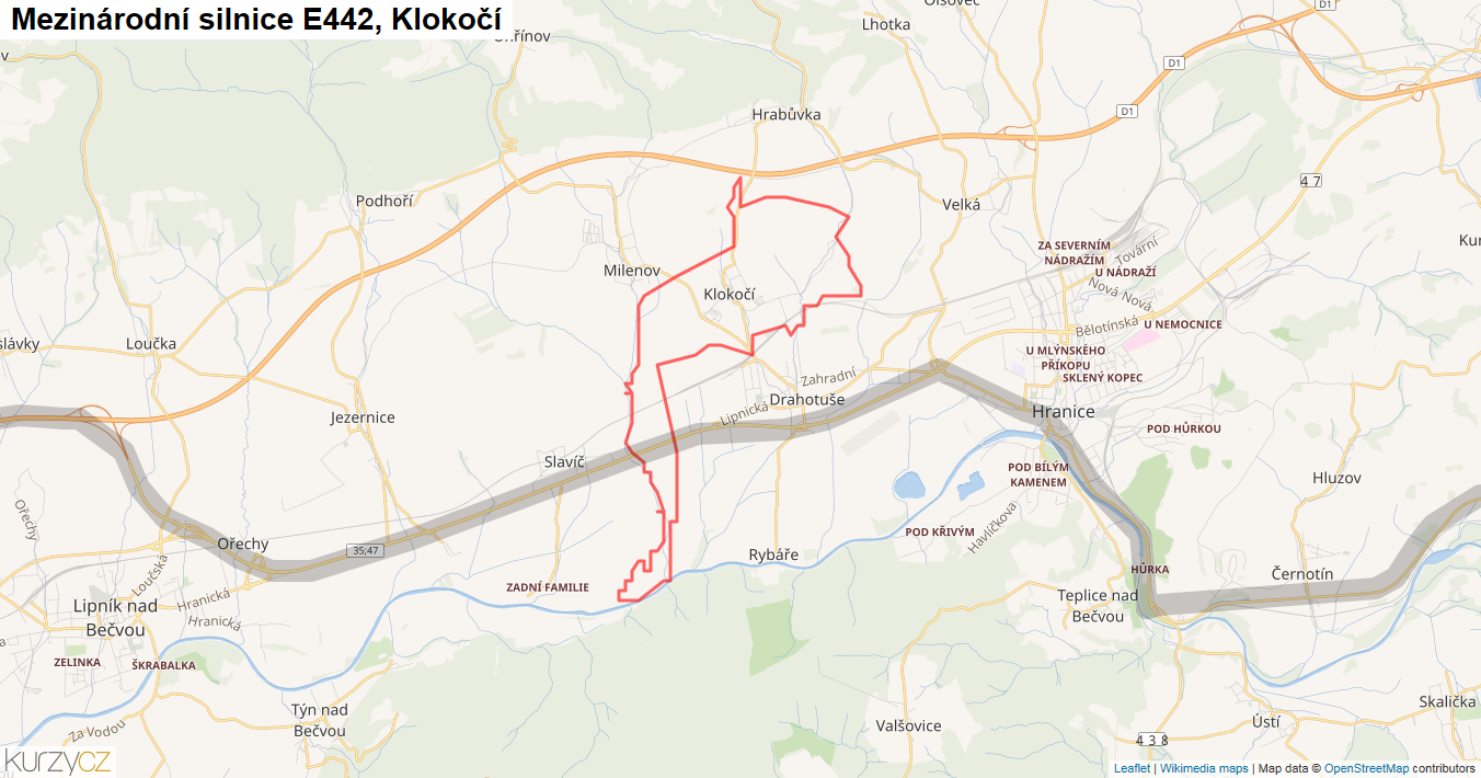 Klokočí, Silnice E442 - Mapa